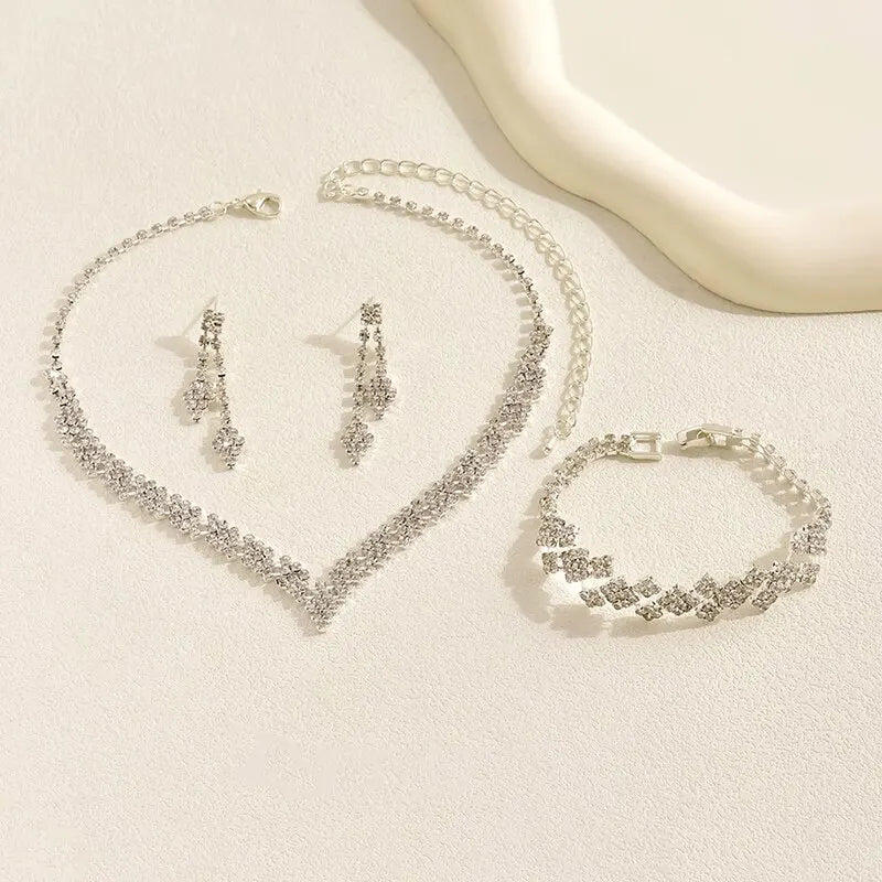 3 Pcs Bridal Jewelry Set Silver Plated Rhinestone