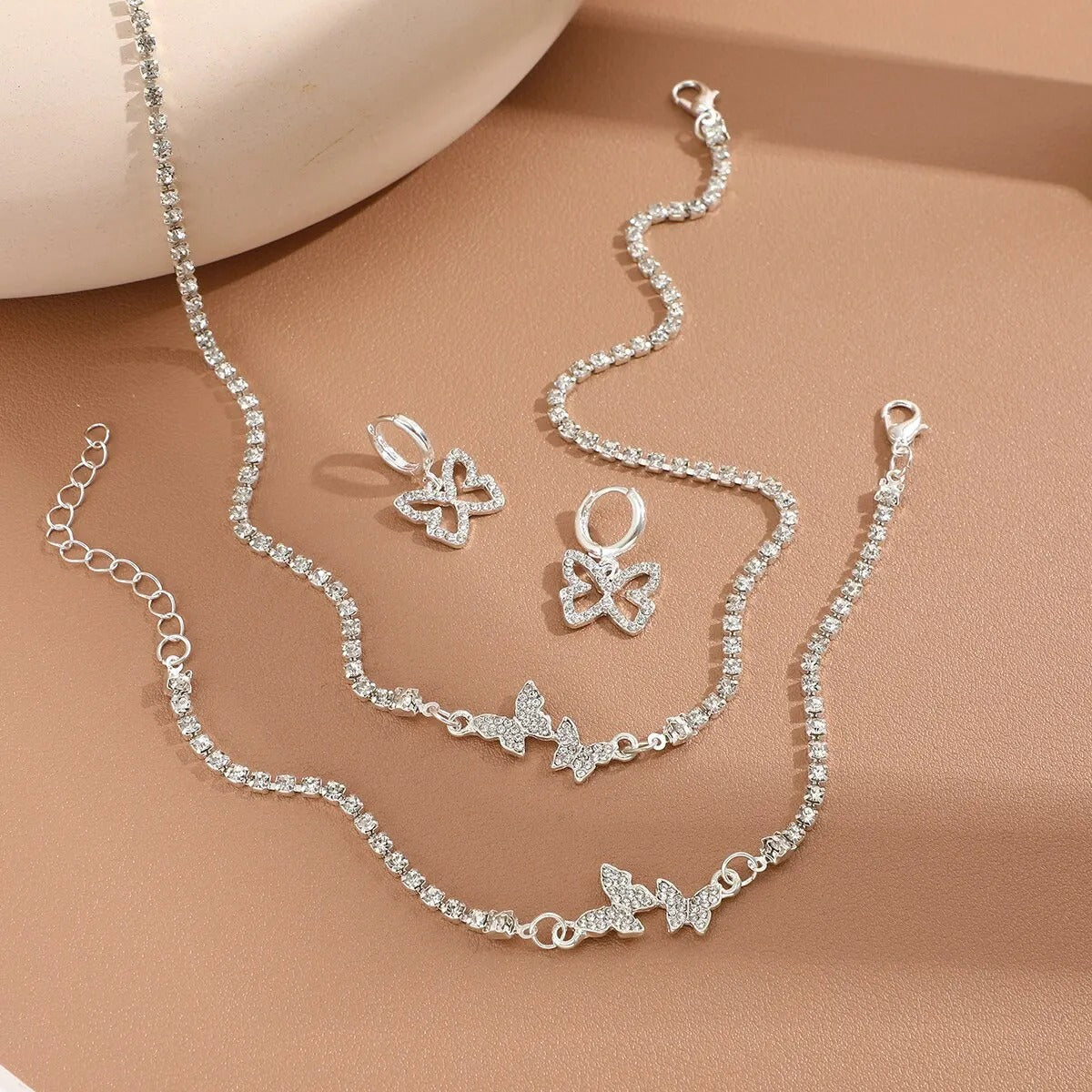 4 Pcs Fashionable Trendy Earrings Necklaces Bracelets Butterfly Pendant Jewelry Sets